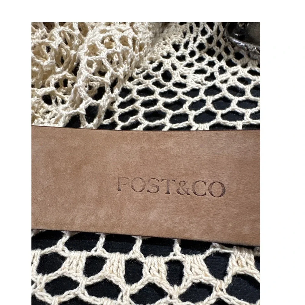 Post & Co Italy Dark Brown Leather Whipstitch Belt Silver Textured Buckle 32‎